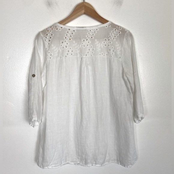 Lungo L'arno Italian Linen Top White Size S Short Sleeve Eyelet Button Front - Picture 2 of 9